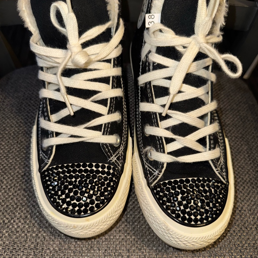 Black High-Top Sneakers with Rhinestone Toes size 38